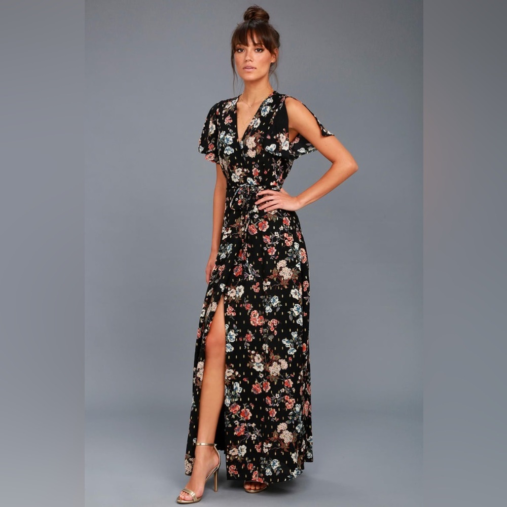 Lulu's Black Floral Maxi Dress with Pink & Cream Flowers
